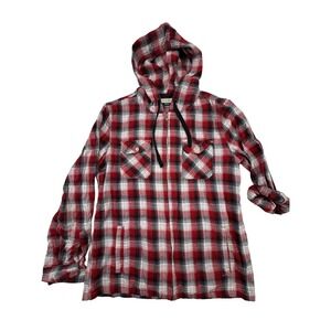Anchor Blue Flannel Hoodie Mens Medium Red Plaid Full Zip Cotton Shirt
